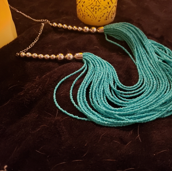 Boston Proper Tribal 30 strand Turquoise Silver Toned Bib Necklace 18-24 in New - Picture 5 of 5